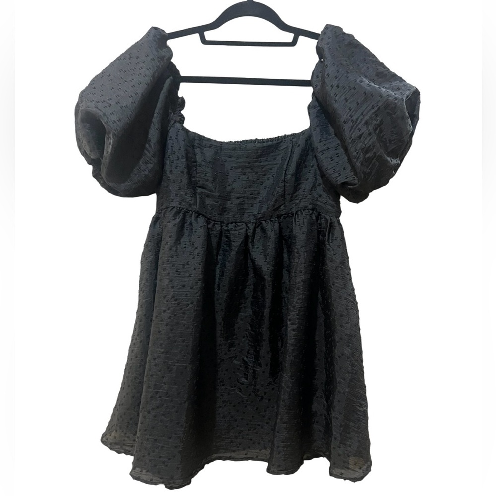 Inspired Hearts Black Puff Sleeve Baby Doll Mini Dress Smocked Back  SZ L EUC
